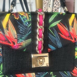 Aldo Black Tropical Print Shoulder Bag with Gold Chain